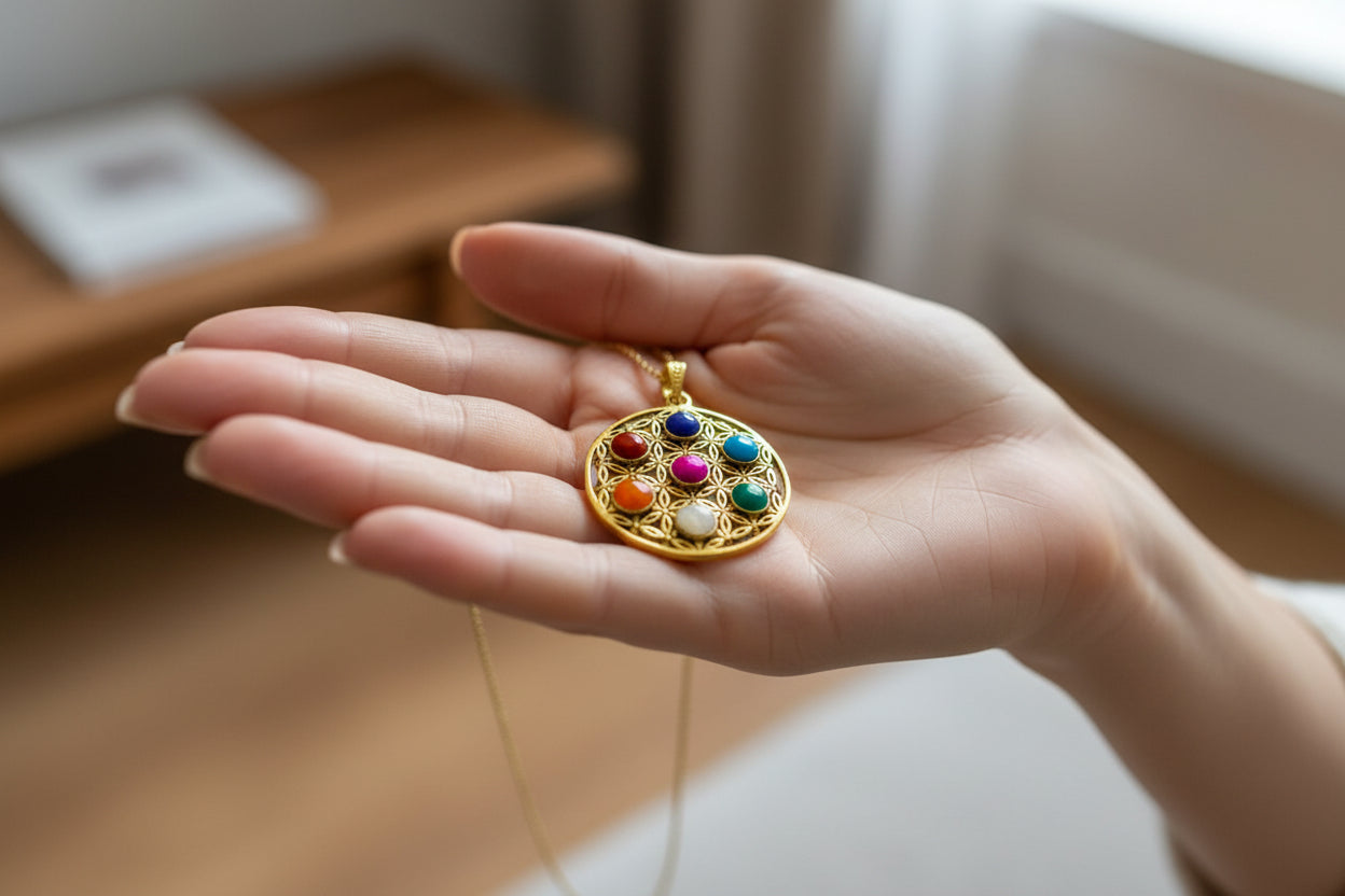Gold Seven Chakra Pendant Necklace, Handmade Egyptian Revival Jewelry