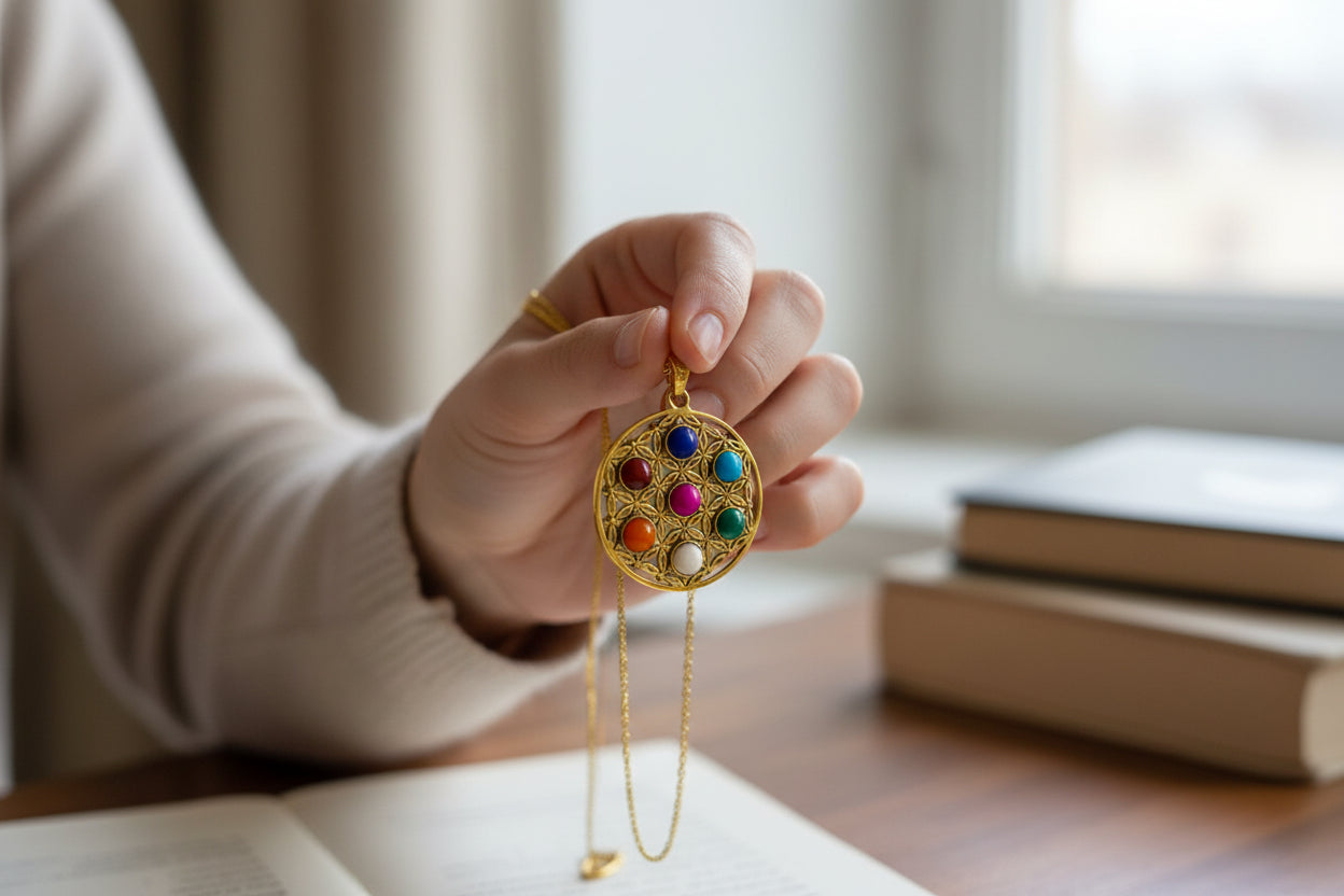 Gold Seven Chakra Pendant Necklace, Handmade Egyptian Revival Jewelry