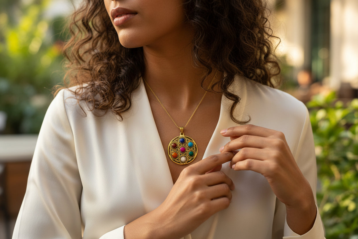 Gold Seven Chakra Pendant Necklace, Handmade Egyptian Revival Jewelry