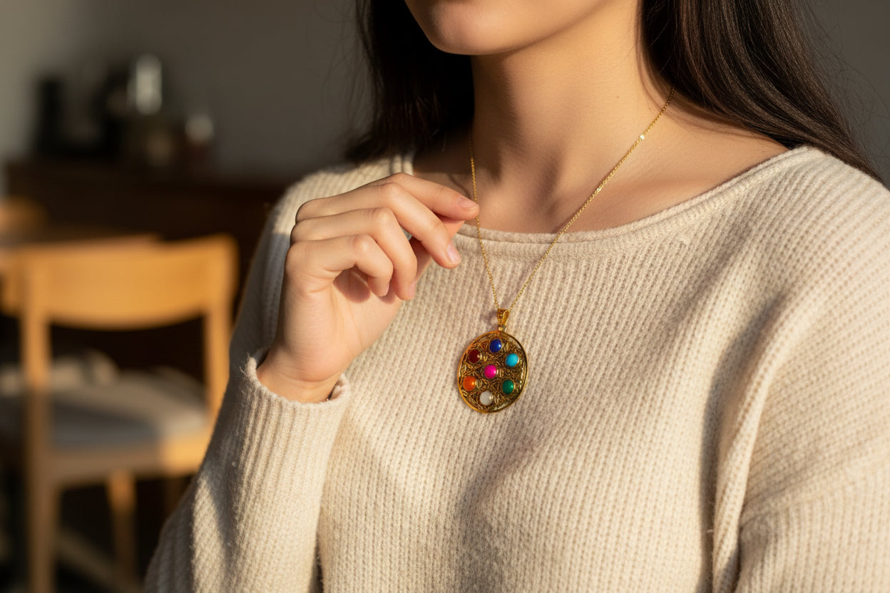Gold Seven Chakra Pendant Necklace, Handmade Egyptian Revival Jewelry