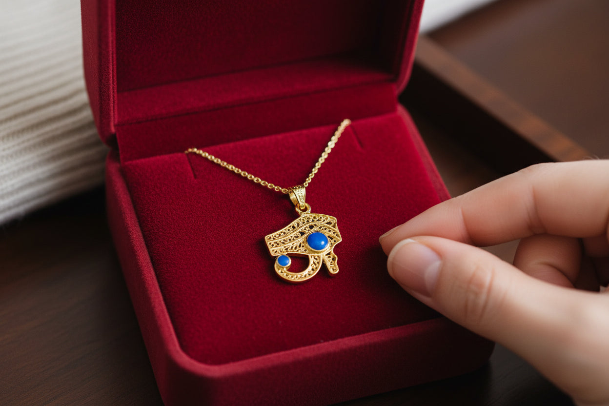 Gold Eye of Horus Opal Pendant, Handmade Egyptian Protection Necklace