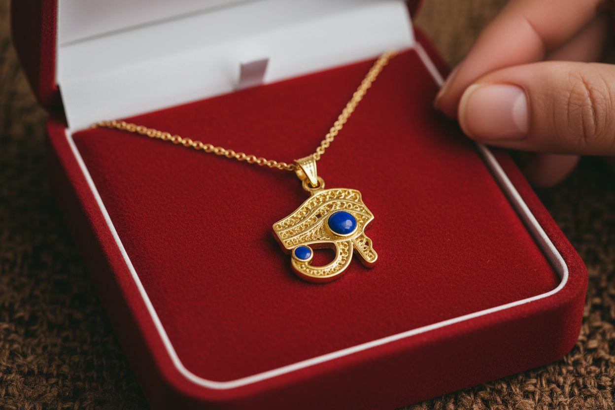 Gold Eye of Horus Opal Pendant, Handmade Egyptian Protection Necklace