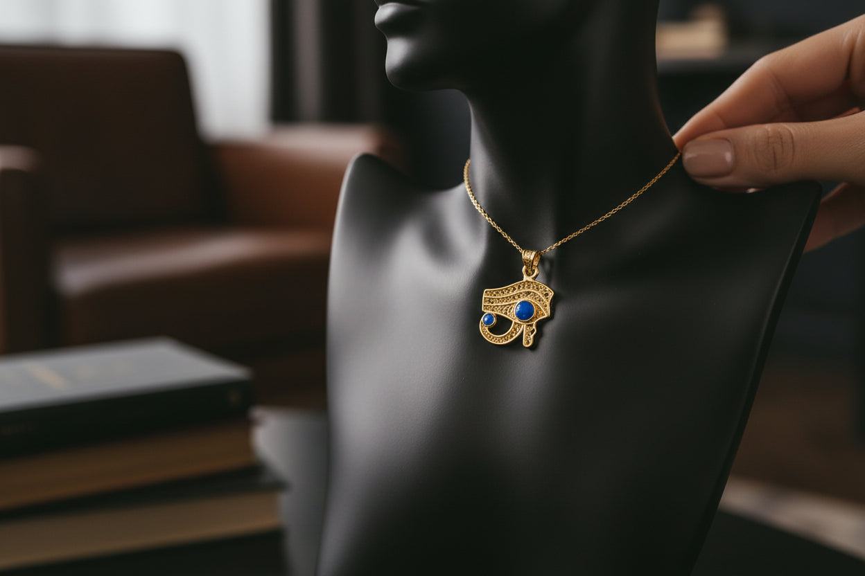 Gold Eye of Horus Opal Pendant, Handmade Egyptian Protection Necklace