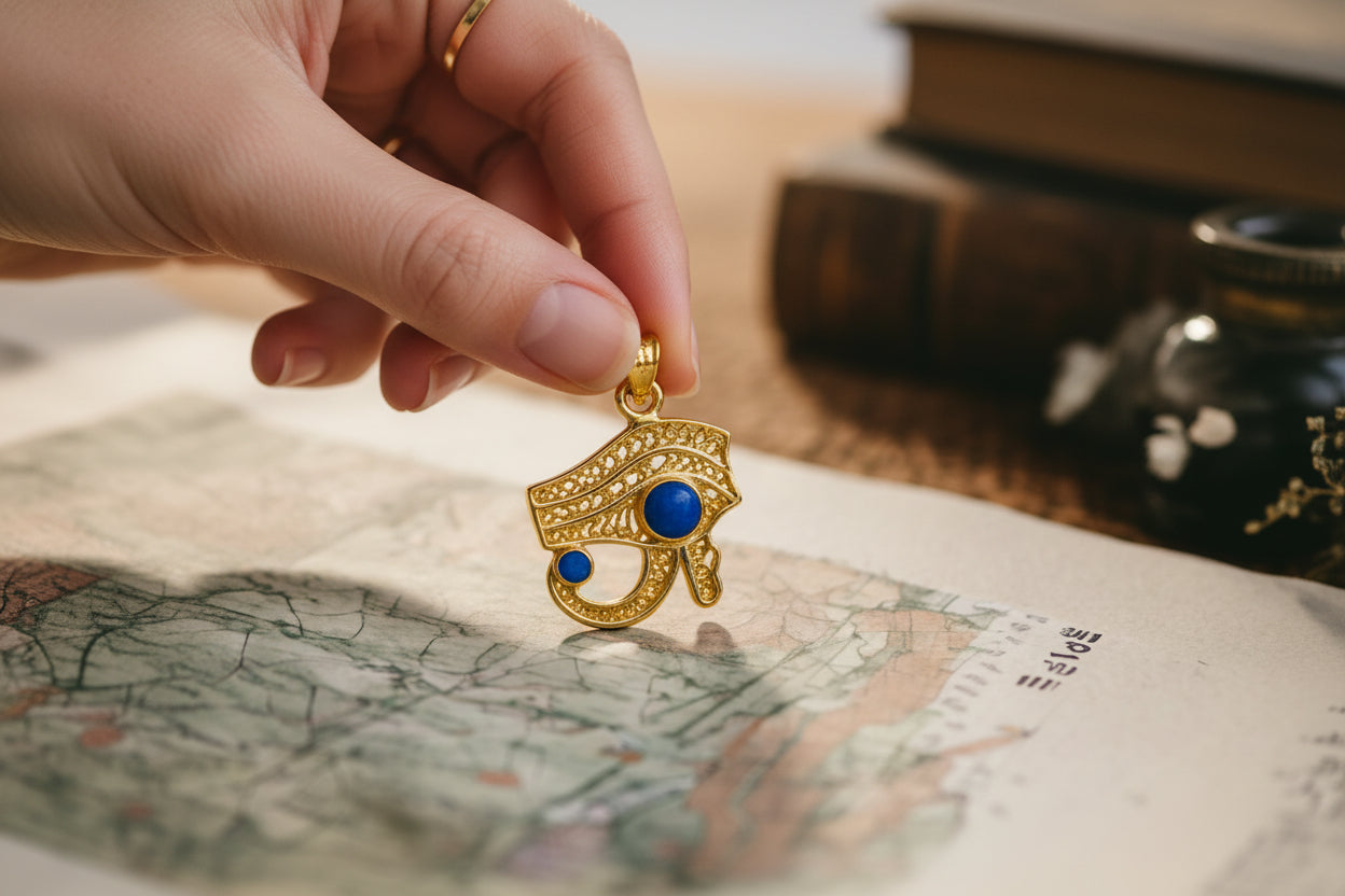 Gold Eye of Horus Opal Pendant, Handmade Egyptian Protection Necklace