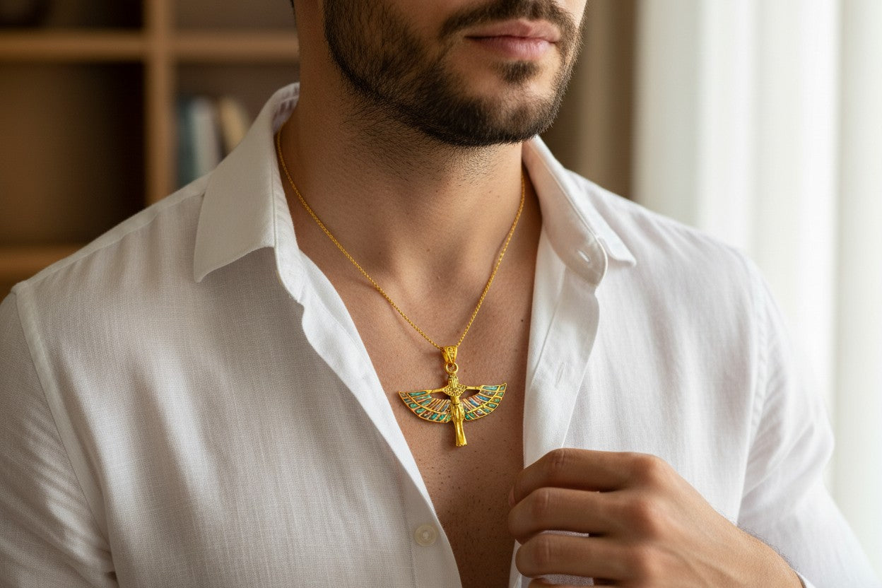 Pink Opal Unique Gold Winged Goddess Isis Pendant Necklace, Egyptian Jewelry Gift