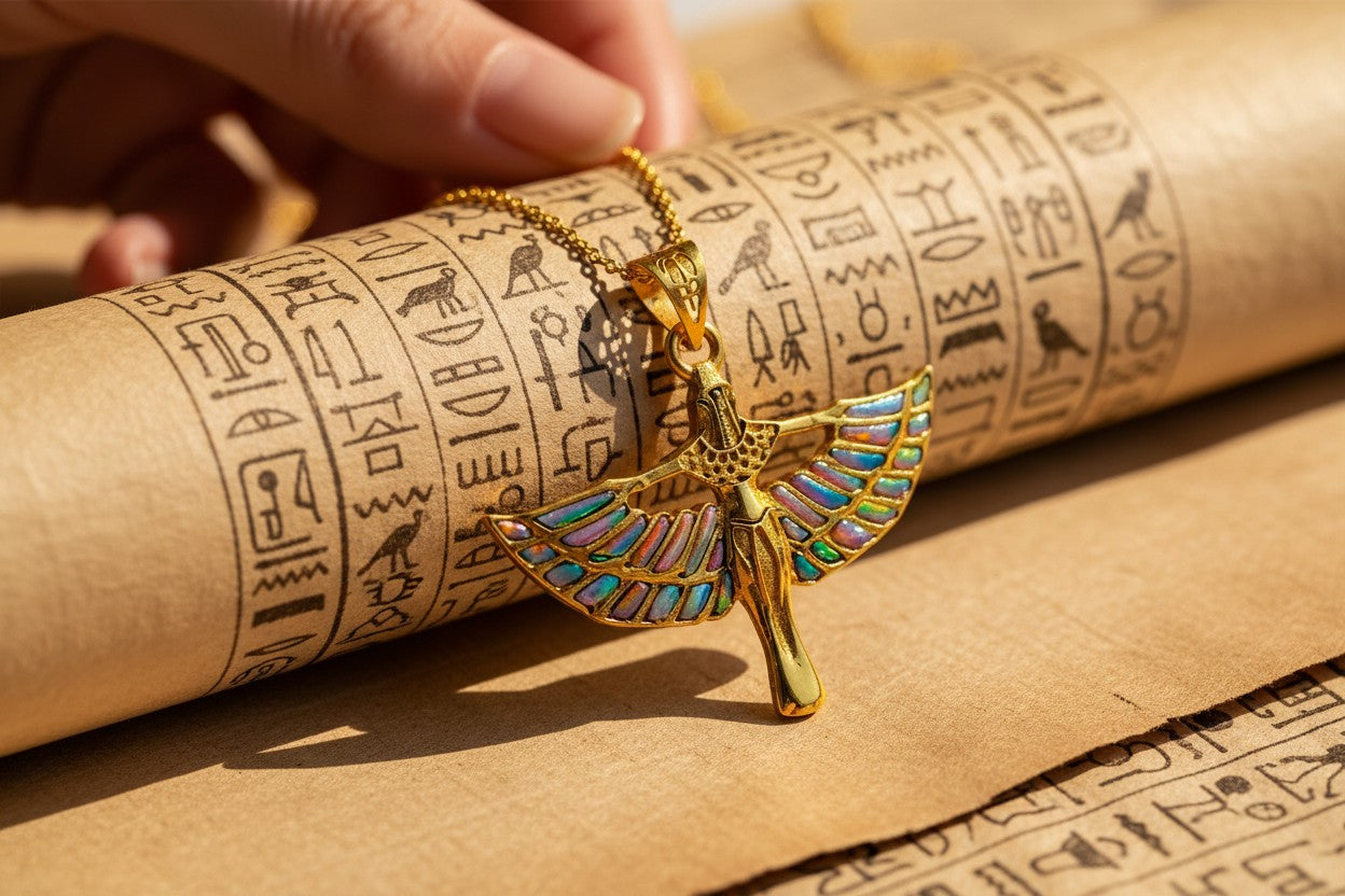 Pink Opal Unique Gold Winged Goddess Isis Pendant Necklace, Egyptian Jewelry Gift