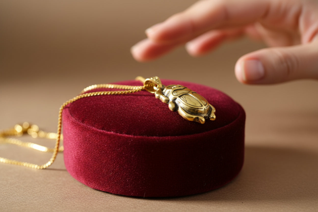 Gold Scarab Beetle Pendant Necklace, Egyptian Revival Talisman