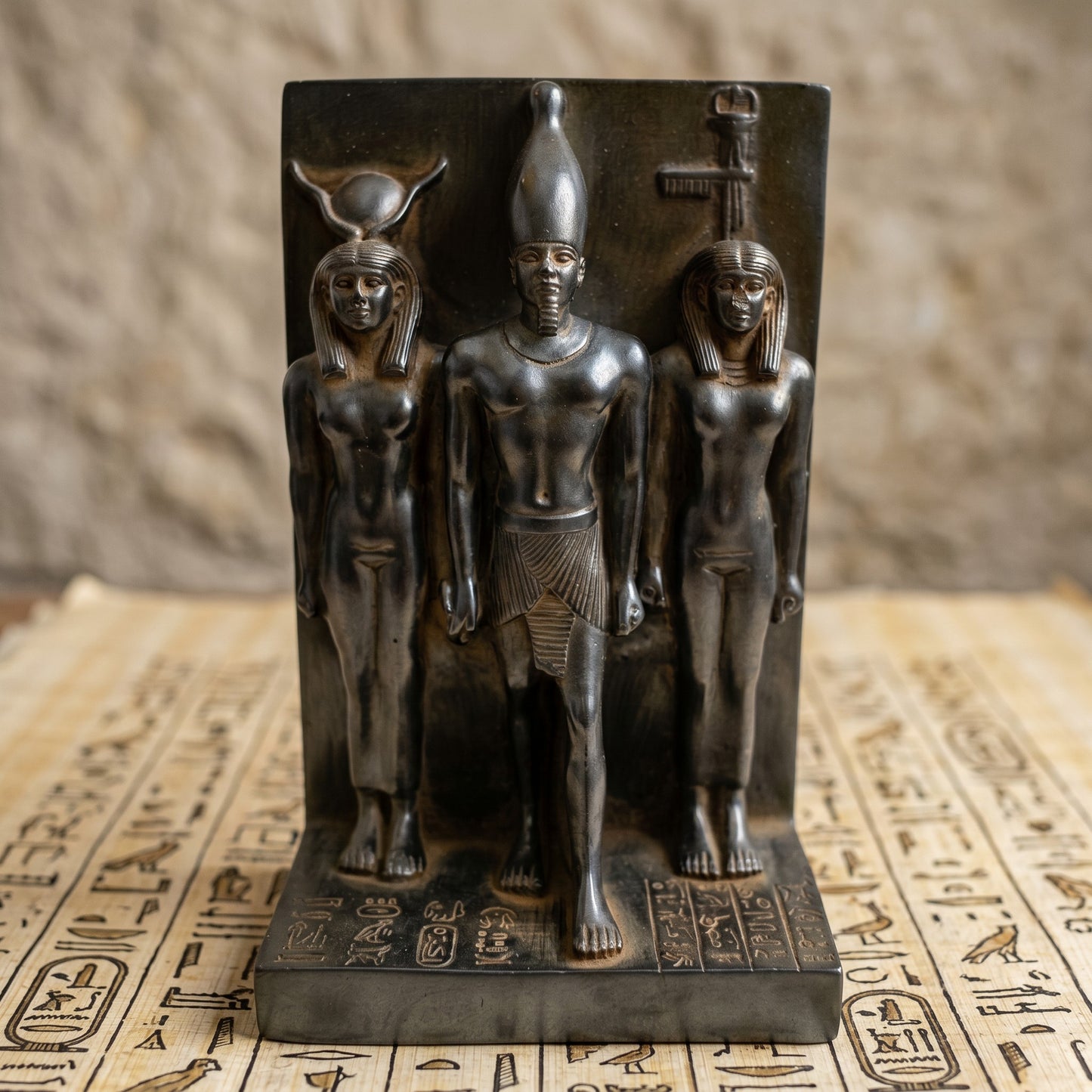 Handmade Basalt Menkaure Triad Statue, King Menkaure Hathor & Queen Sculpture, Ancient Egyptian Decor, Museum Replica Gift