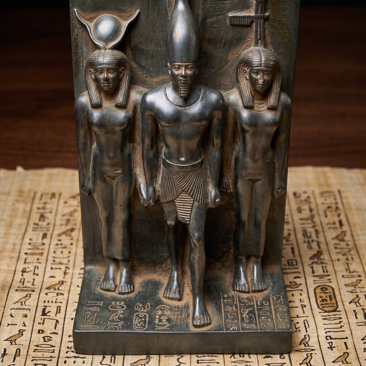 Handmade Basalt Menkaure Triad Statue, King Menkaure Hathor & Queen Sculpture, Ancient Egyptian Decor, Museum Replica Gift