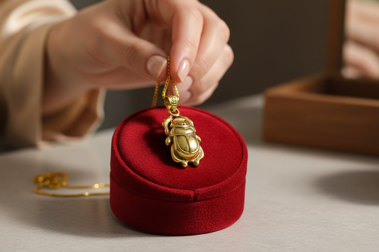 Gold Scarab Beetle Pendant Necklace, Egyptian Revival Talisman