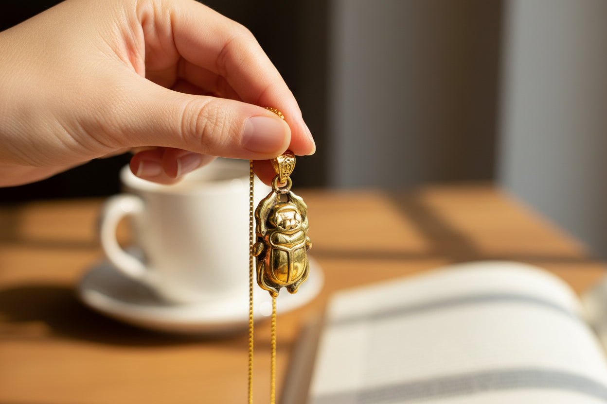 Gold Scarab Beetle Pendant Necklace, Egyptian Revival Talisman