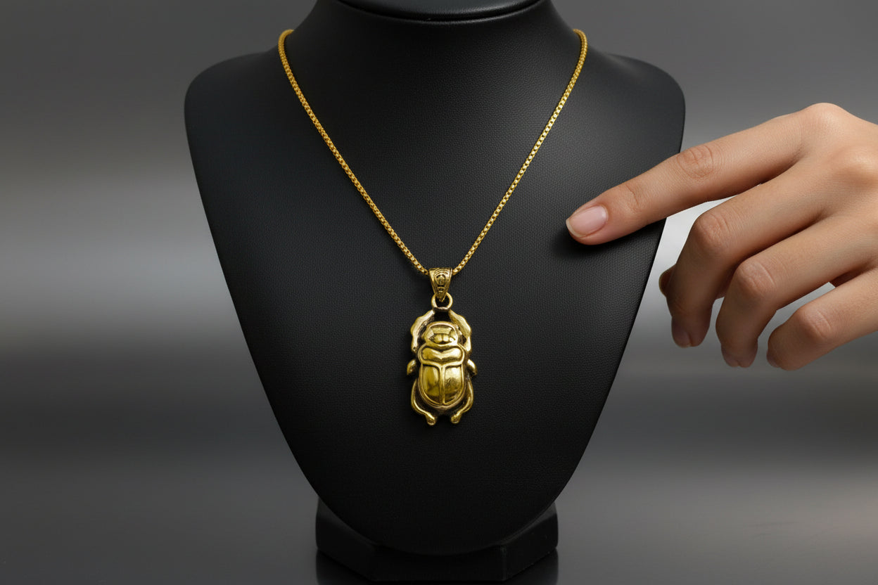 Gold Scarab Beetle Pendant Necklace, Egyptian Revival Talisman