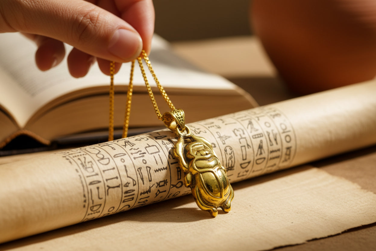 Gold Scarab Beetle Pendant Necklace, Egyptian Revival Talisman
