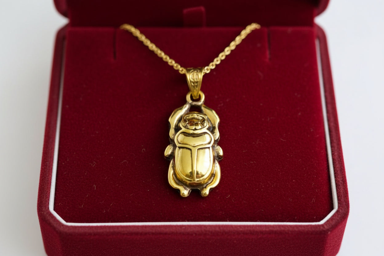 Gold Scarab Beetle Pendant Necklace, Egyptian Revival Talisman