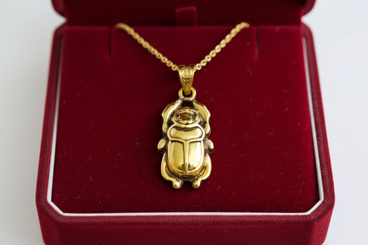 Gold Scarab Beetle Pendant Necklace, Egyptian Revival Talisman