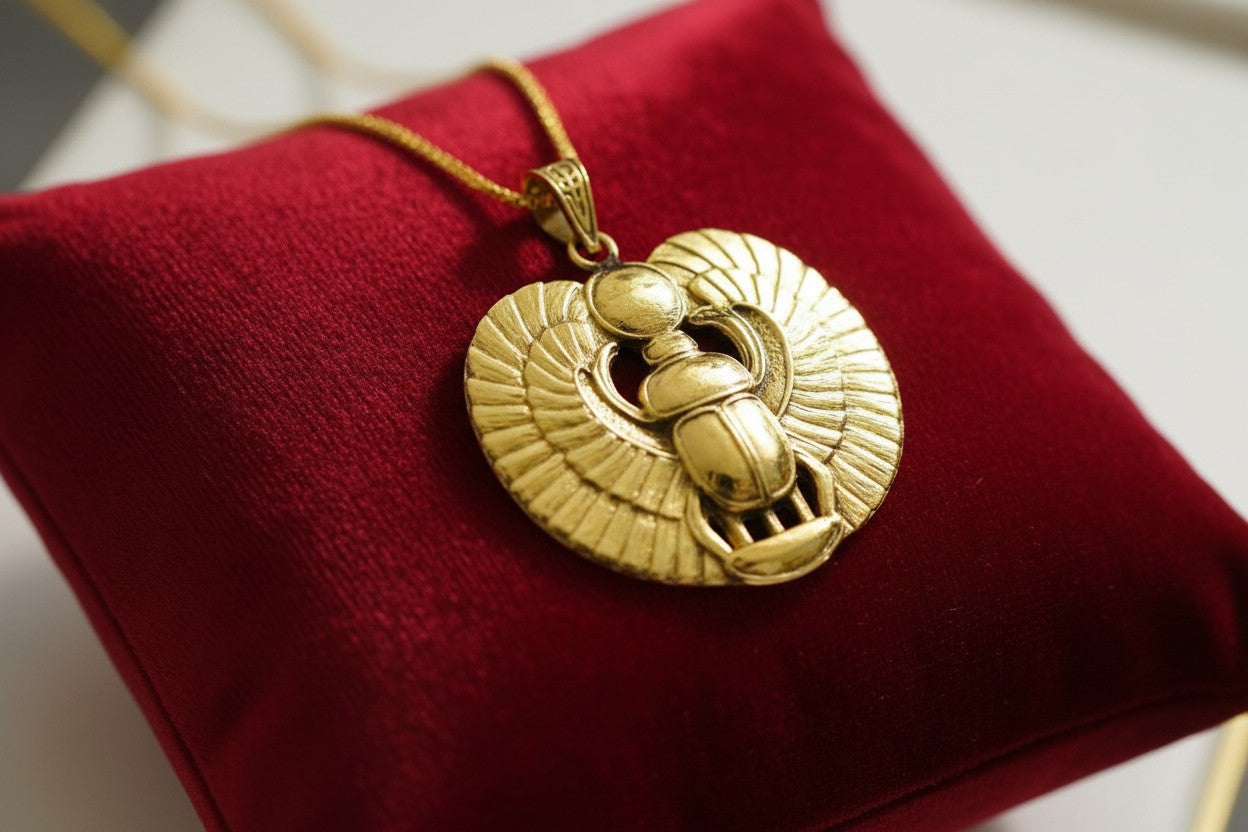 Gold Winged Sun Disk Scarab Beetle Necklace, Egyptian Revival Talisman