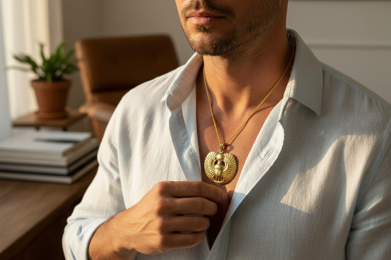 Gold Winged Sun Disk Scarab Beetle Necklace, Egyptian Revival Talisman