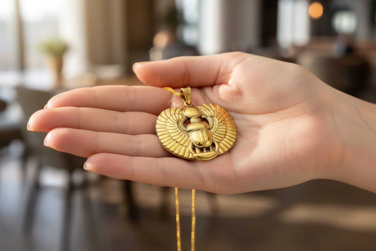 Gold Winged Sun Disk Scarab Beetle Necklace, Egyptian Revival Talisman