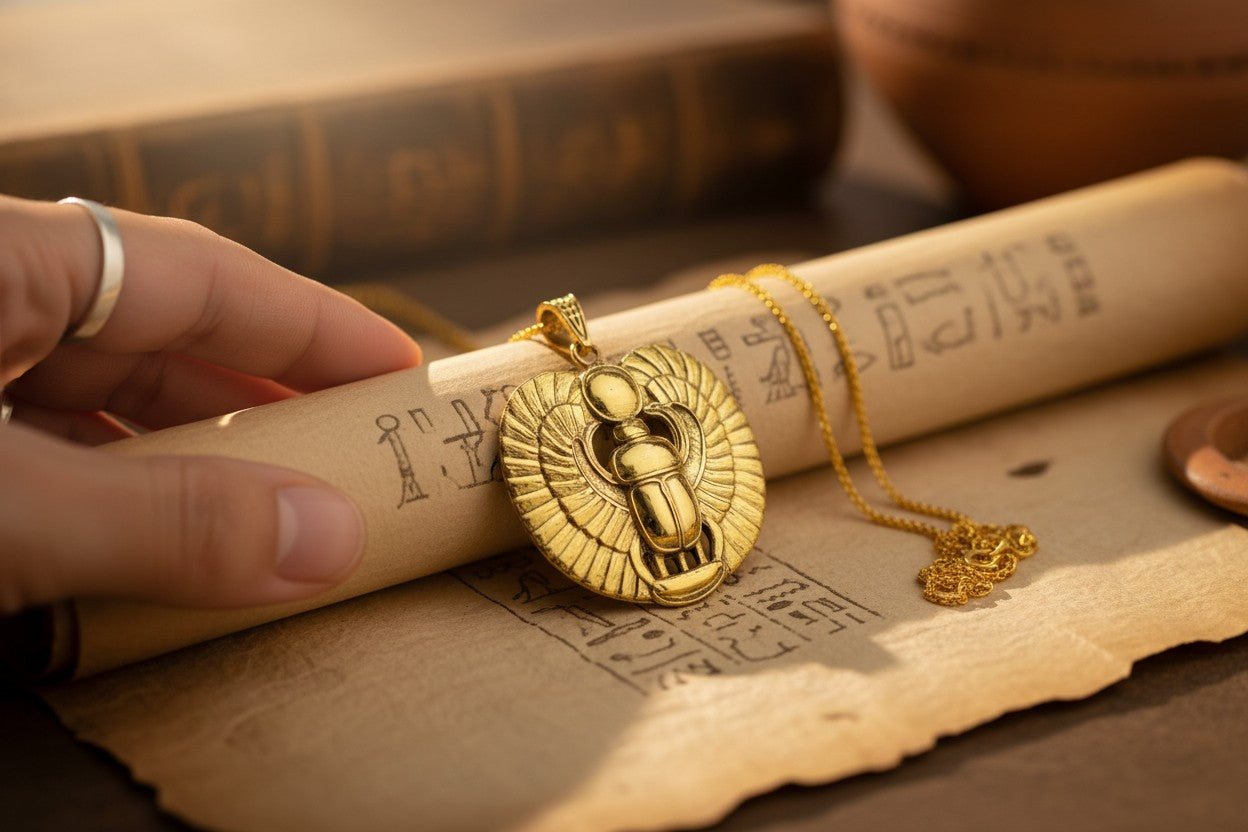 Gold Winged Sun Disk Scarab Beetle Necklace, Egyptian Revival Talisman