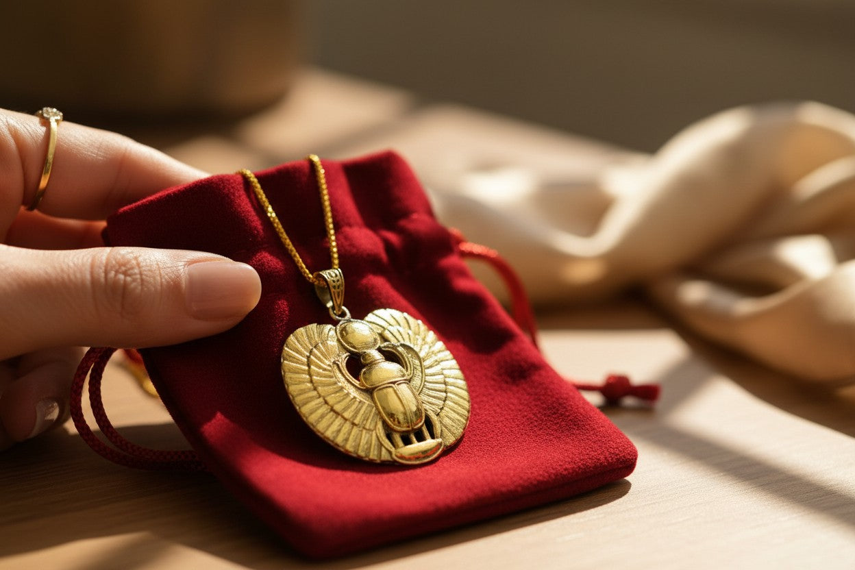 Gold Winged Sun Disk Scarab Beetle Necklace, Egyptian Revival Talisman
