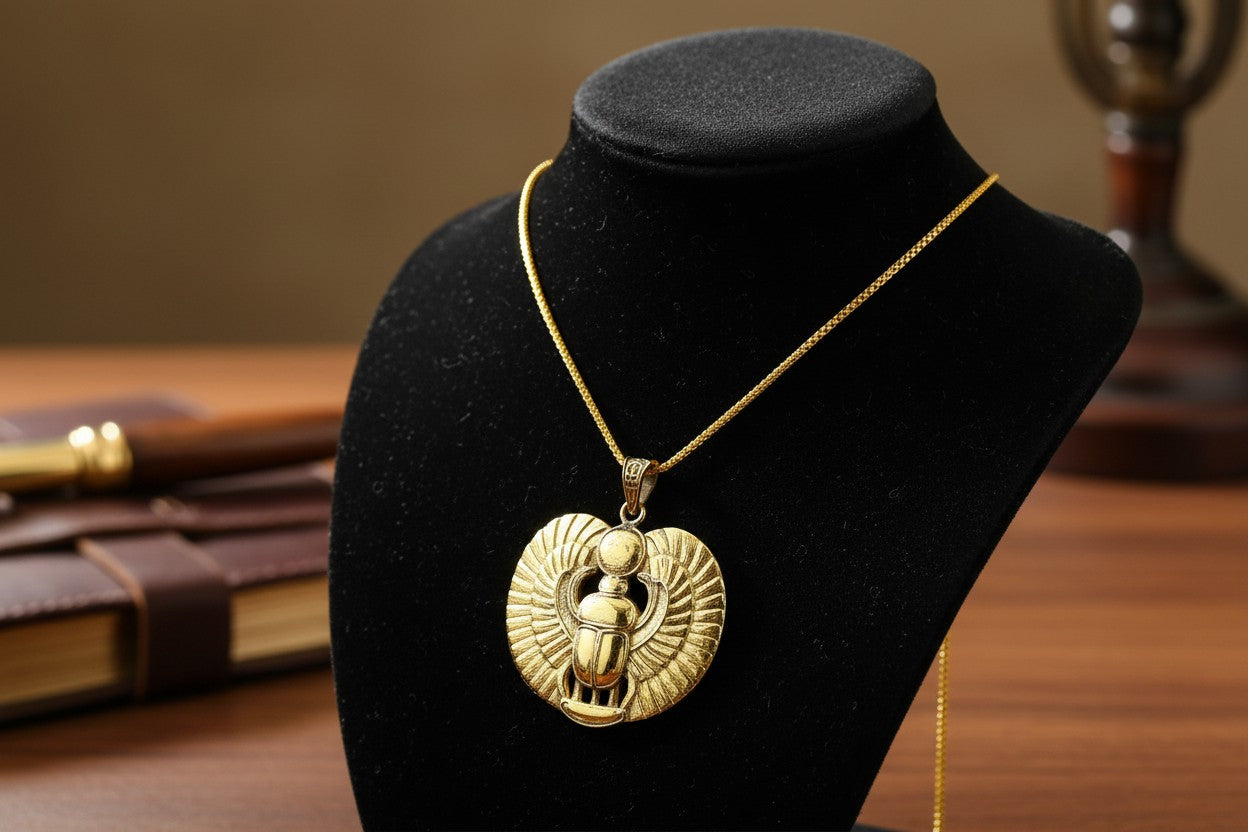 Gold Winged Sun Disk Scarab Beetle Necklace, Egyptian Revival Talisman