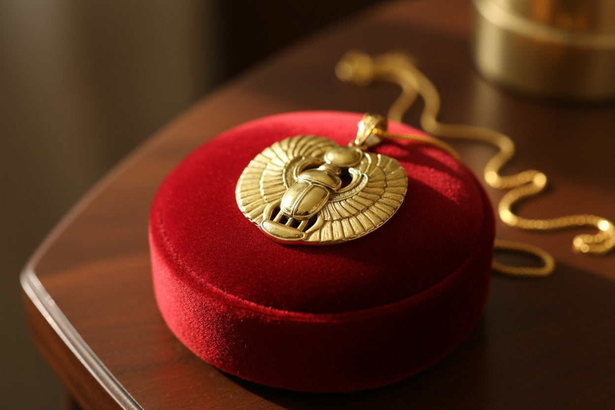 Gold Winged Sun Disk Scarab Beetle Necklace, Egyptian Revival Talisman