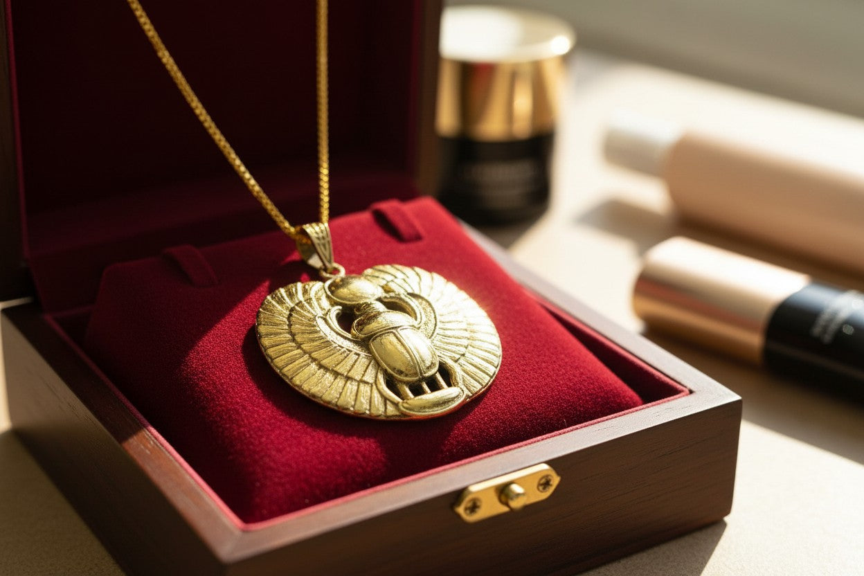 Gold Winged Sun Disk Scarab Beetle Necklace, Egyptian Revival Talisman