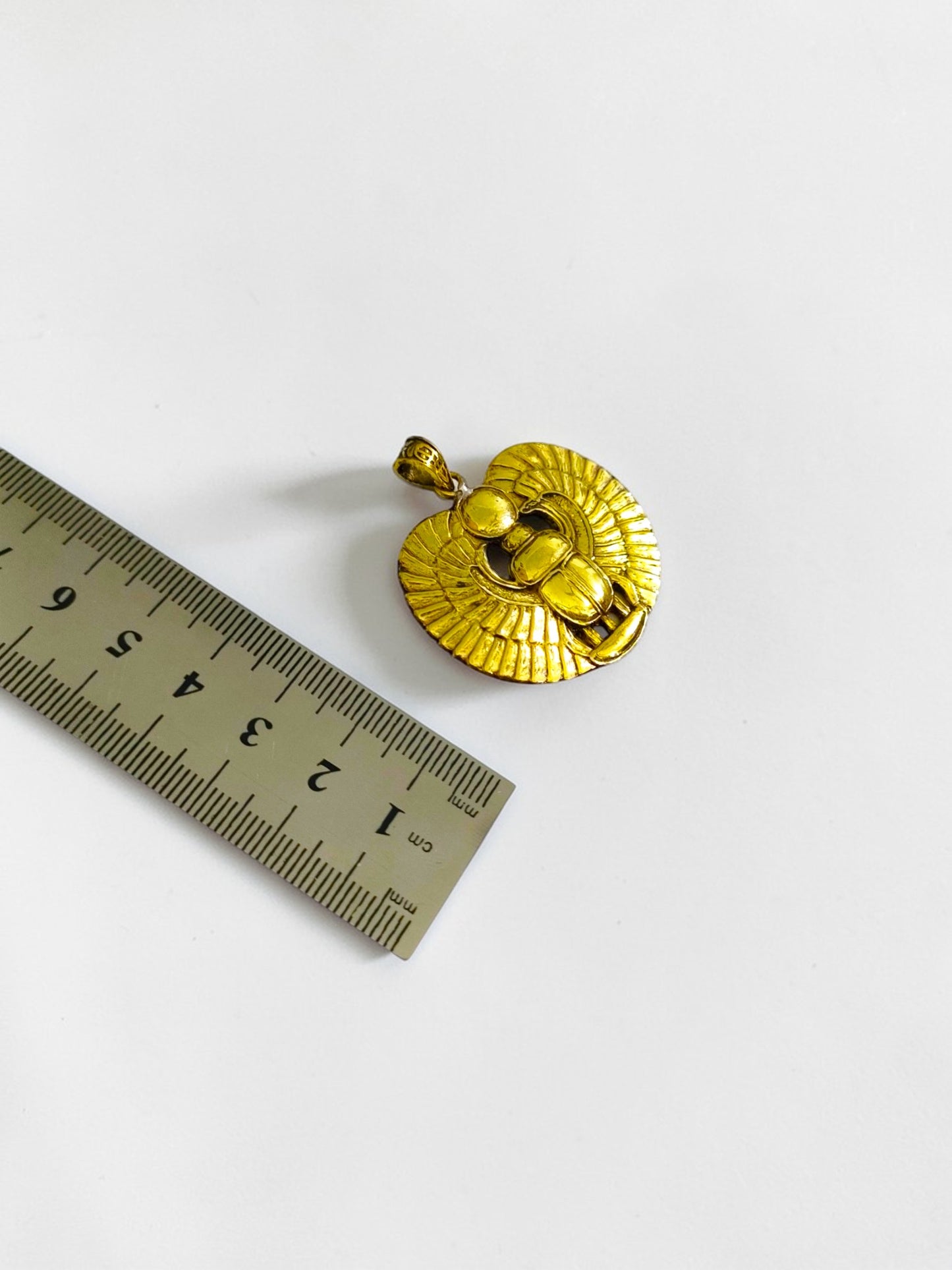 Gold Winged Sun Disk Scarab Beetle Necklace, Egyptian Revival Talisman