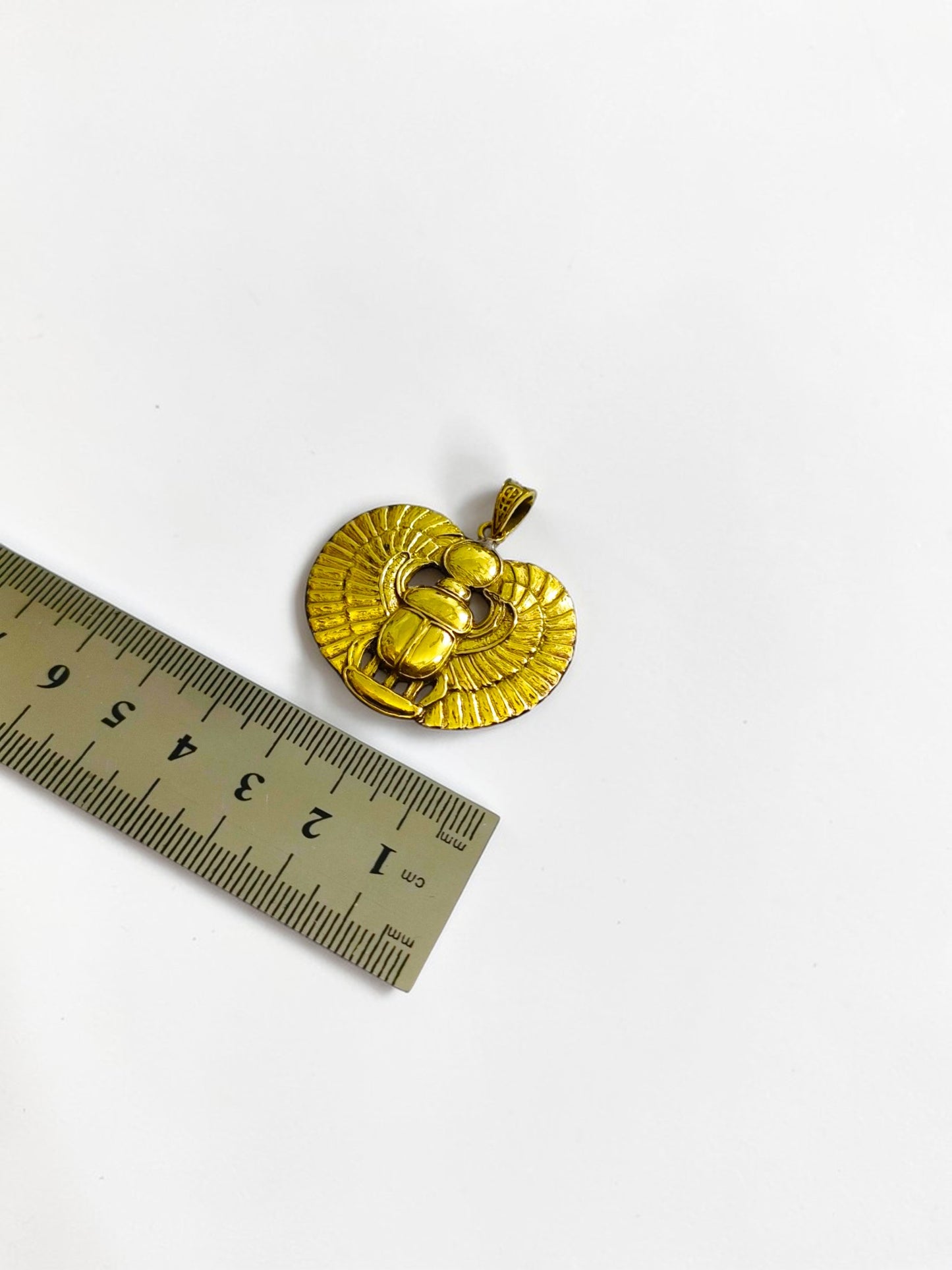 Gold Winged Sun Disk Scarab Beetle Necklace, Egyptian Revival Talisman