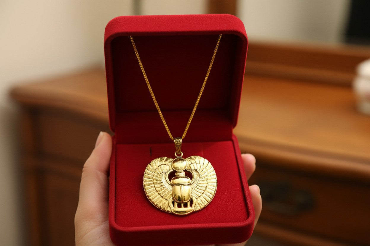 Gold Winged Sun Disk Scarab Beetle Necklace, Egyptian Revival Talisman