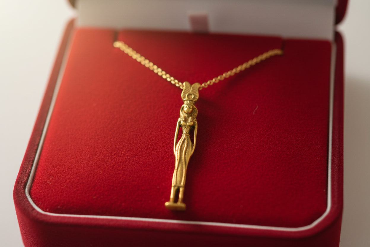 Gold Hathor Pendant, Egyptian Revival Goddess Necklace