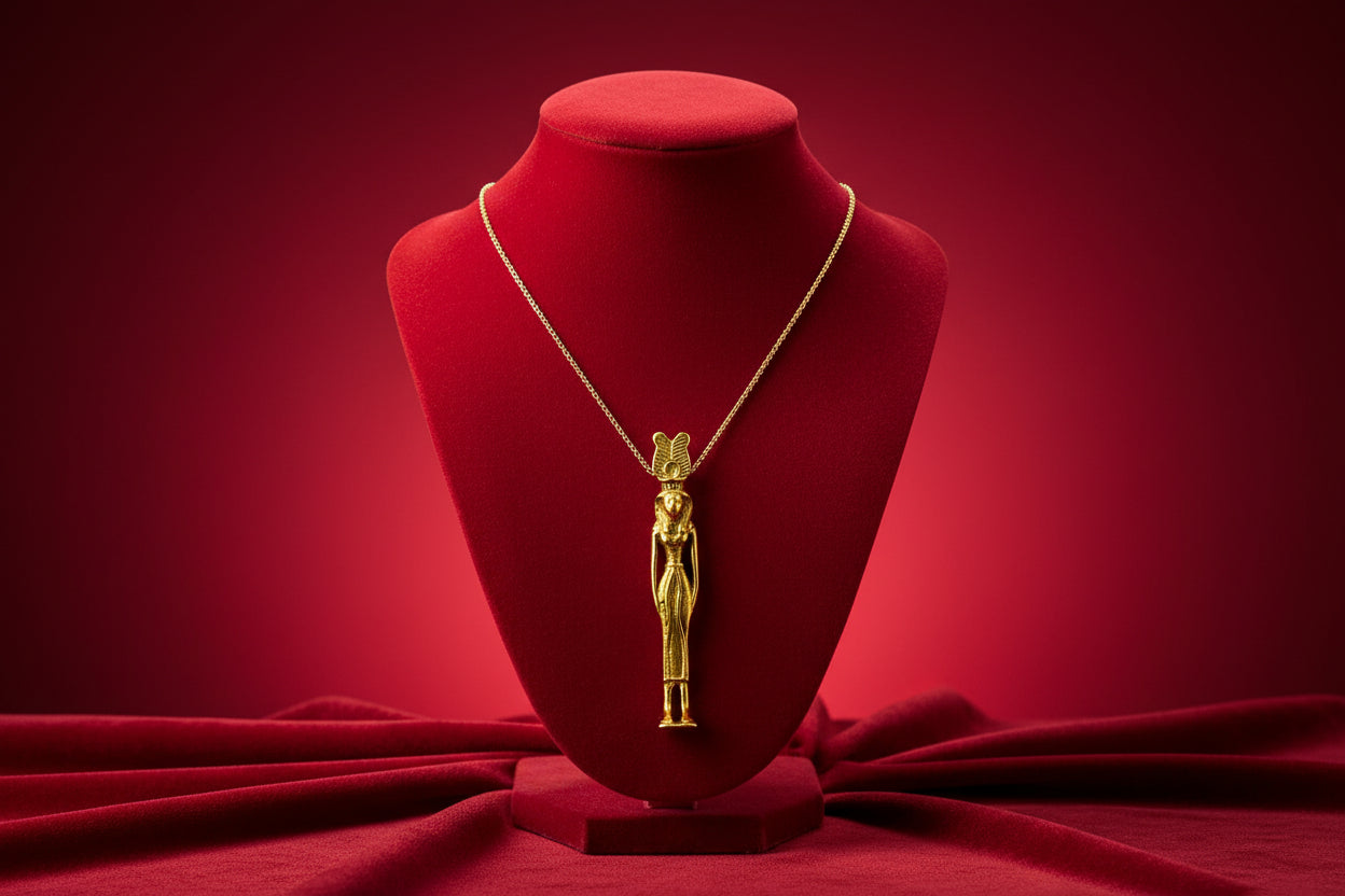 Gold Hathor Pendant, Egyptian Revival Goddess Necklace