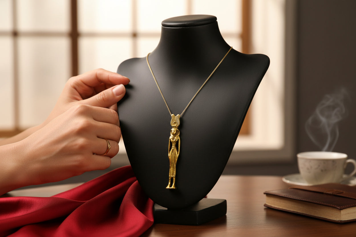 Gold Hathor Pendant, Egyptian Revival Goddess Necklace