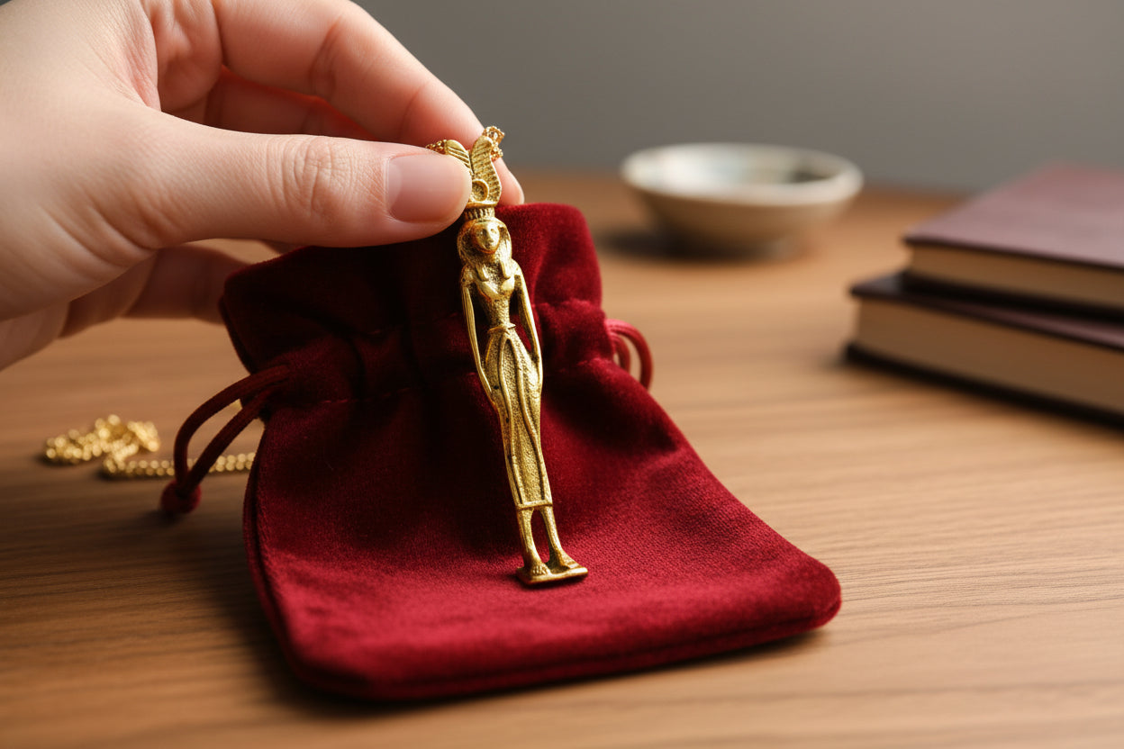 Gold Hathor Pendant, Egyptian Revival Goddess Necklace