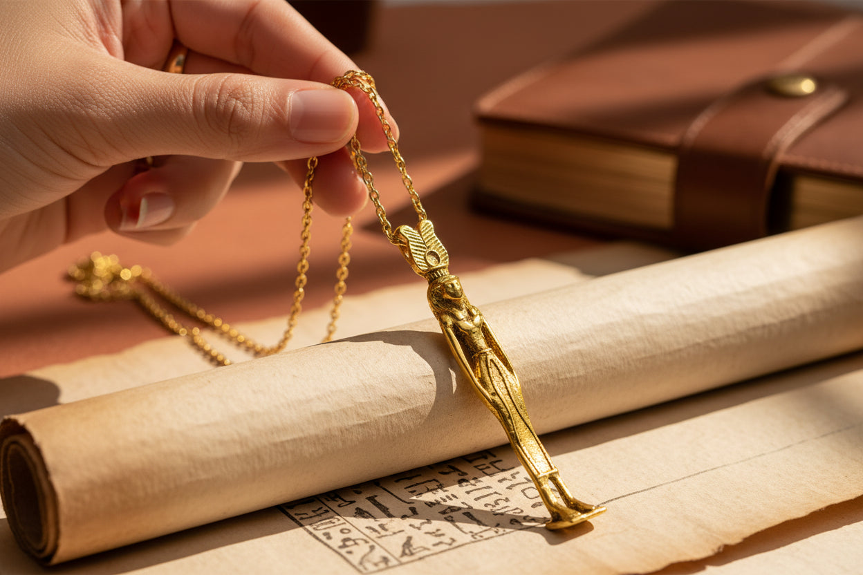 Gold Hathor Pendant, Egyptian Revival Goddess Necklace
