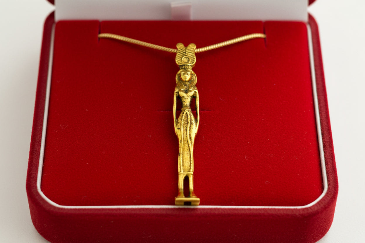 Gold Hathor Pendant, Egyptian Revival Goddess Necklace