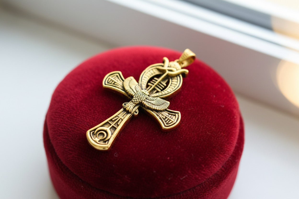 Gold Ankh Pendant, Egyptian Talisman Necklace
