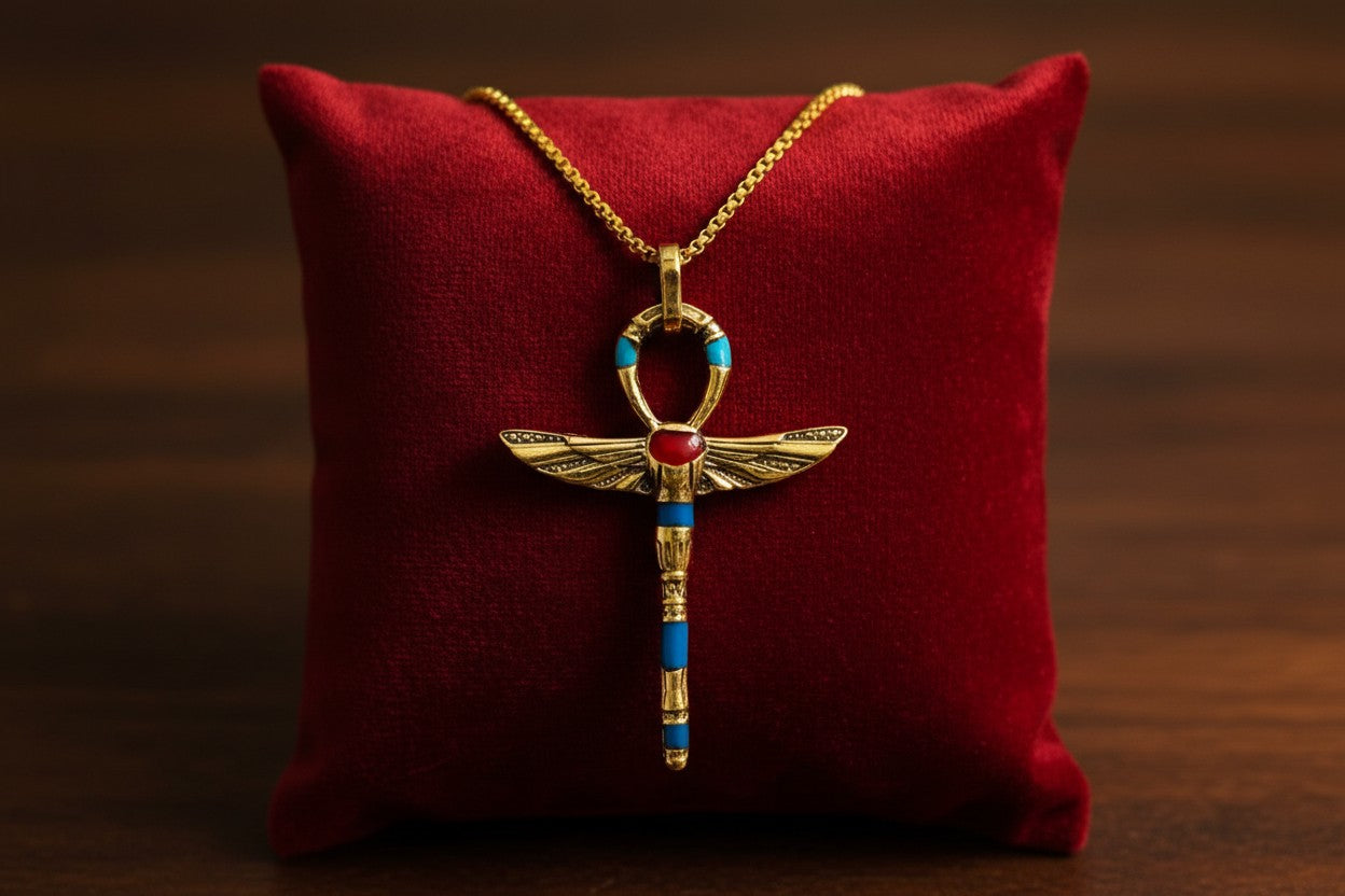 Gold Winged Ankh Pendant Necklace, Egyptian Key of Life Talisman