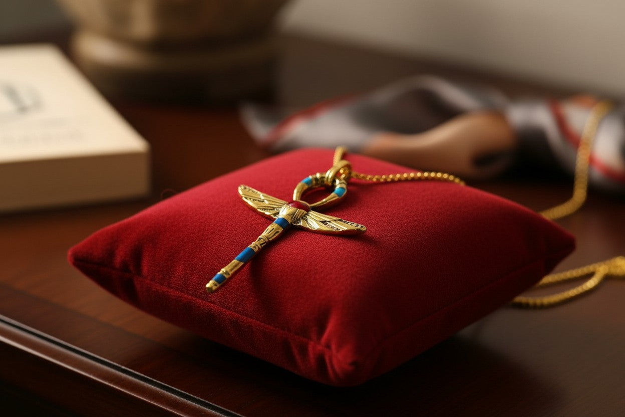 Gold Winged Ankh Pendant Necklace, Egyptian Key of Life Talisman