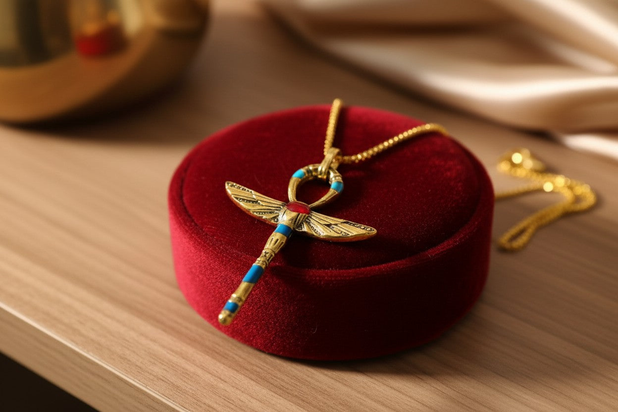 Gold Winged Ankh Pendant Necklace, Egyptian Key of Life Talisman