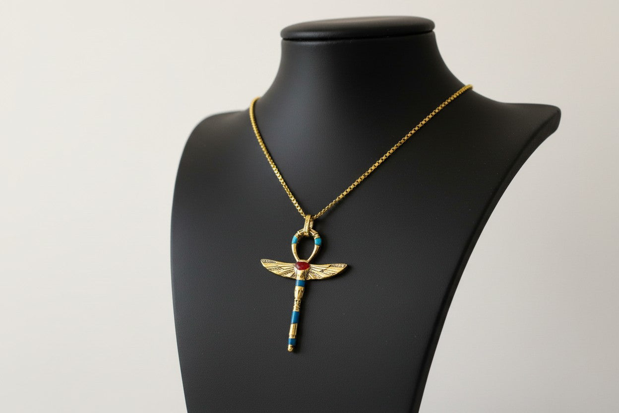 Gold Winged Ankh Pendant Necklace, Egyptian Key of Life Talisman