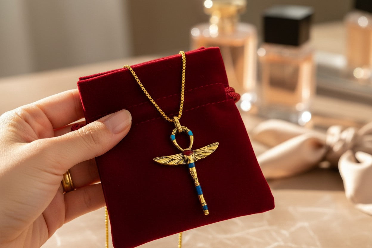 Gold Winged Ankh Pendant Necklace, Egyptian Key of Life Talisman