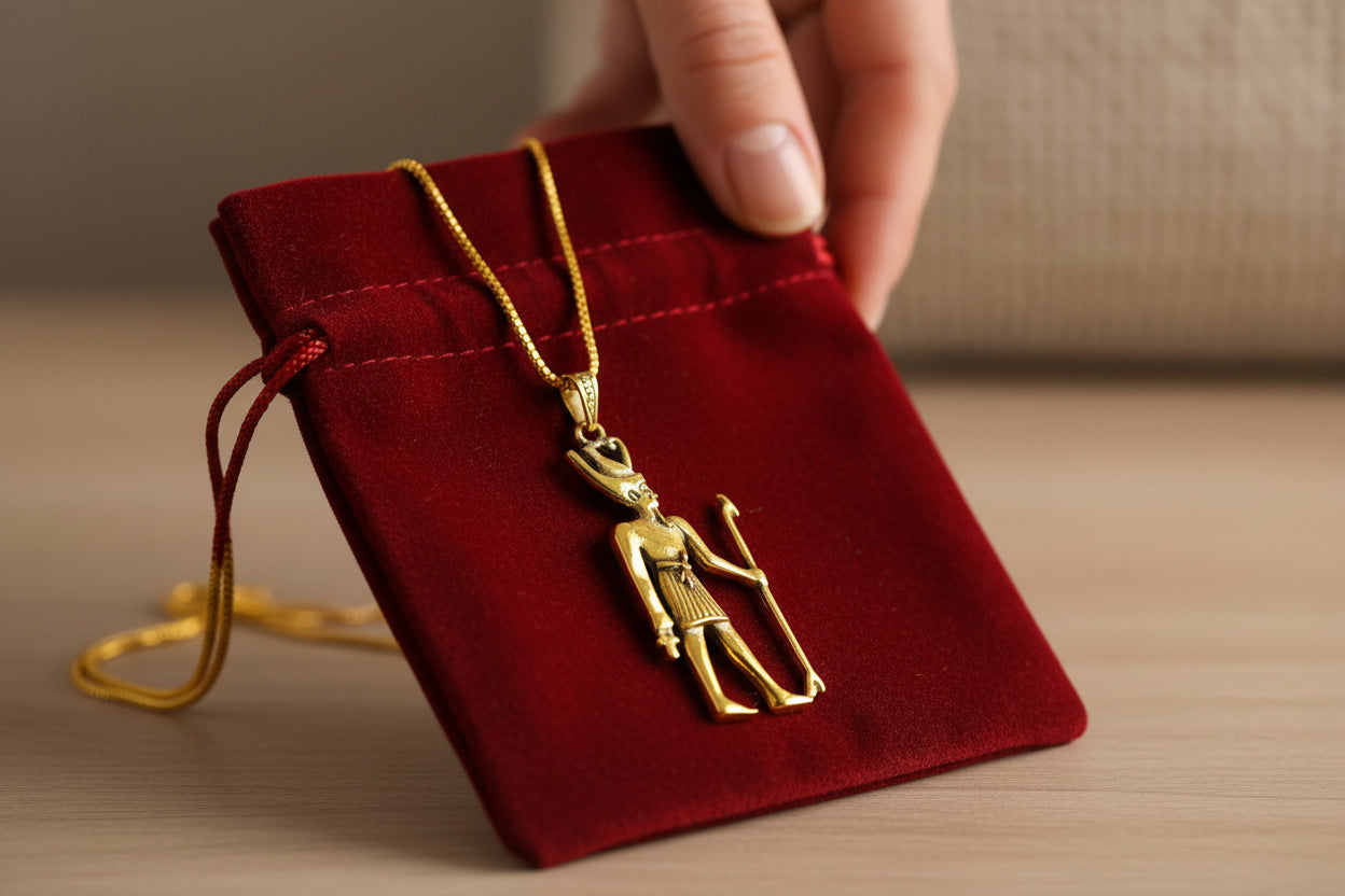 Gold God Amun Pendant Necklace, Egyptian Revival Jewelry Talisman