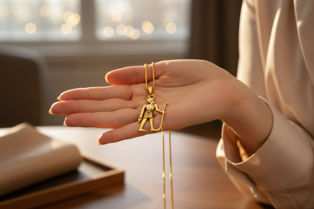 Gold God Amun Pendant Necklace, Egyptian Revival Jewelry Talisman