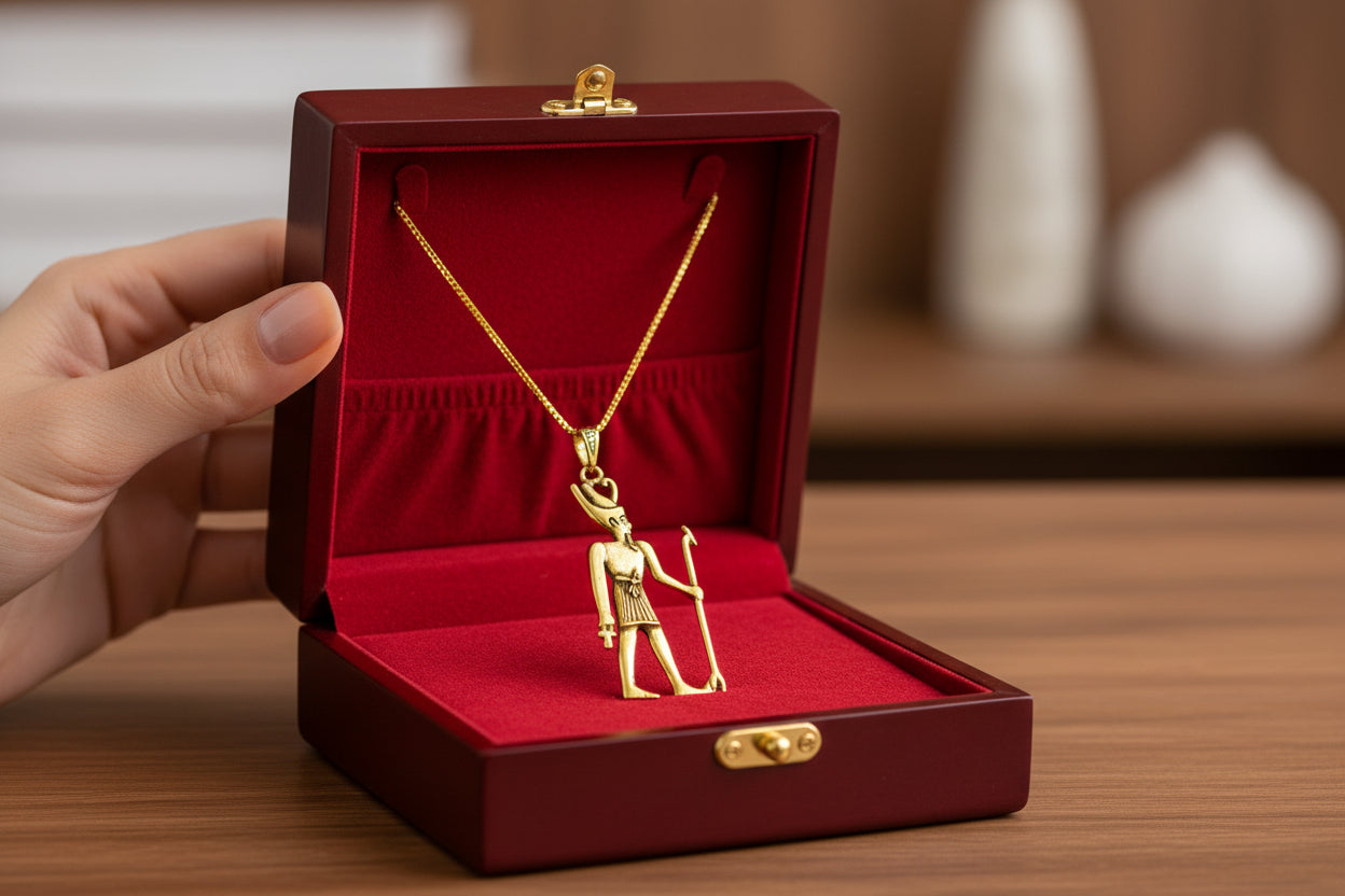 Gold God Amun Pendant Necklace, Egyptian Revival Jewelry Talisman