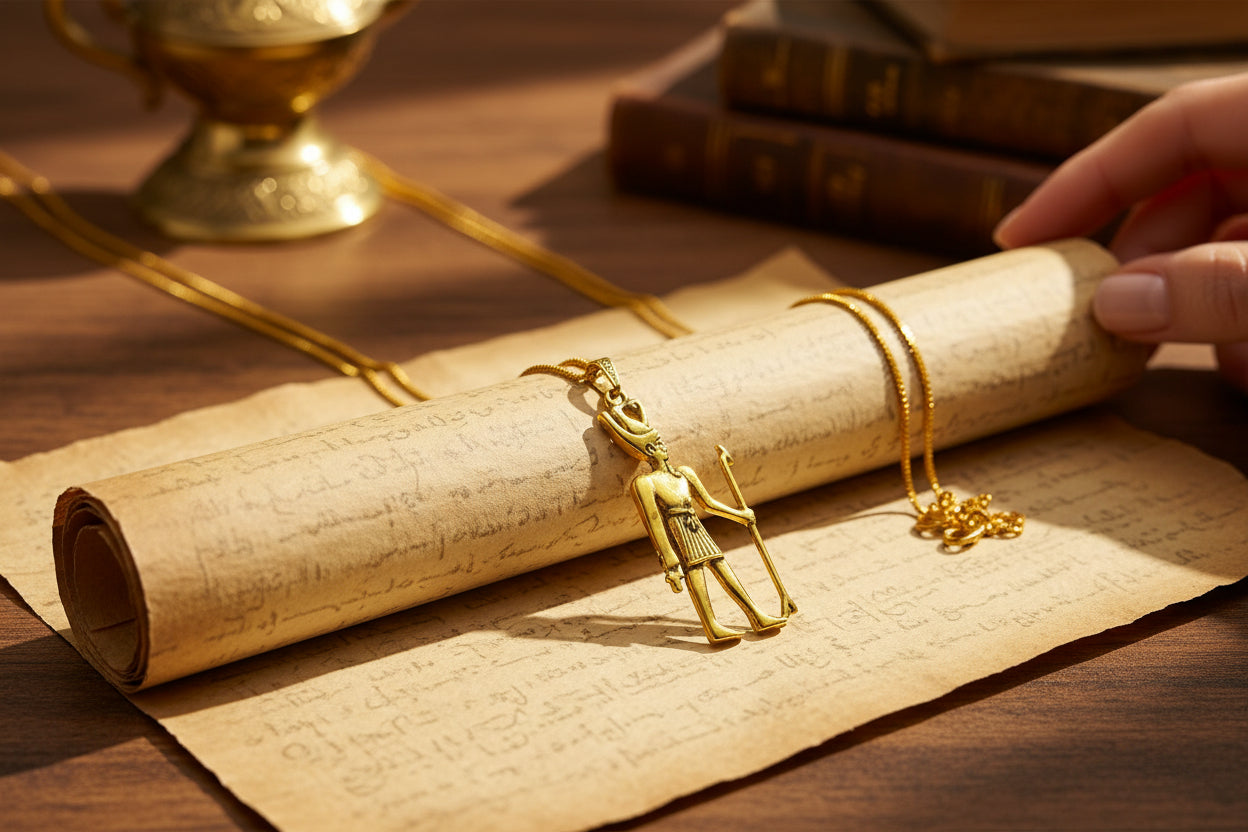 Gold God Amun Pendant Necklace, Egyptian Revival Jewelry Talisman