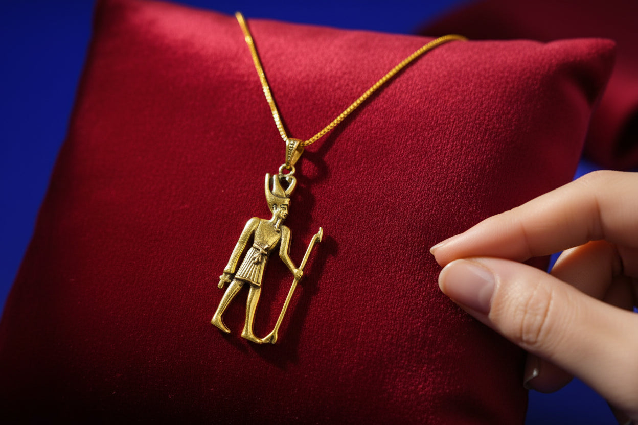 Gold God Amun Pendant Necklace, Egyptian Revival Jewelry Talisman