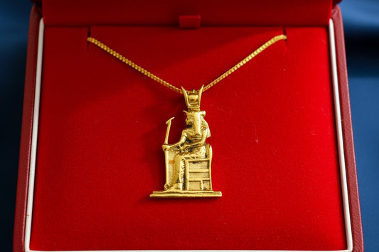 Gold Hathor Necklace, Ancient Egyptian Cow Goddess Pendant, Sacred Feminine Amulet