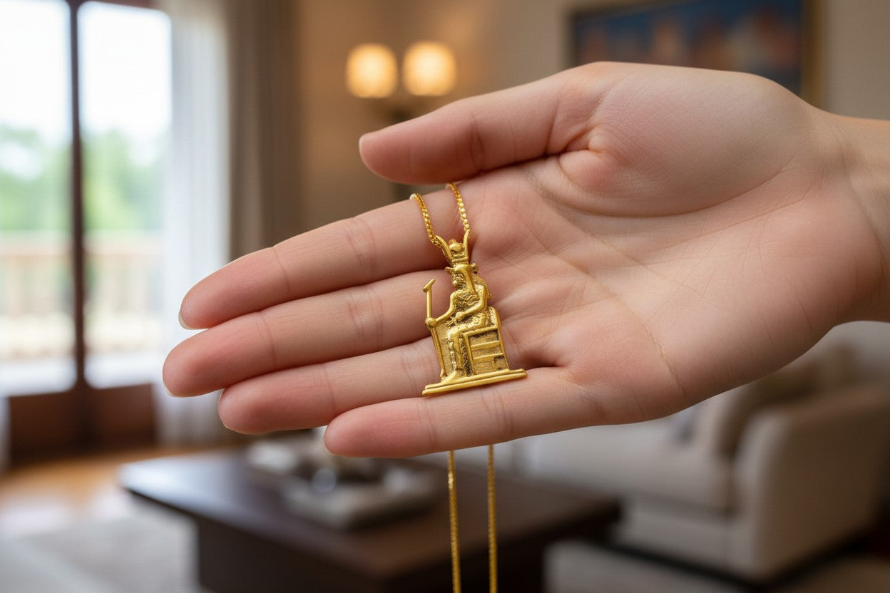 Gold Hathor Necklace, Ancient Egyptian Cow Goddess Pendant, Sacred Feminine Amulet