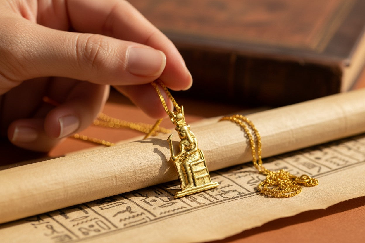 Gold Hathor Necklace, Ancient Egyptian Cow Goddess Pendant, Sacred Feminine Amulet